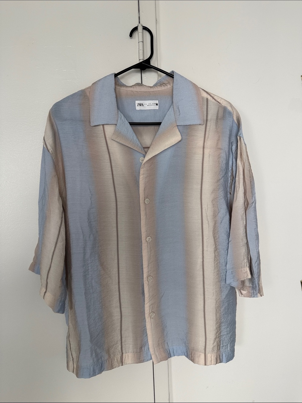 Zara Men Light Blue & Beige Vertical Stripe Short-Sleeve Button Shirt